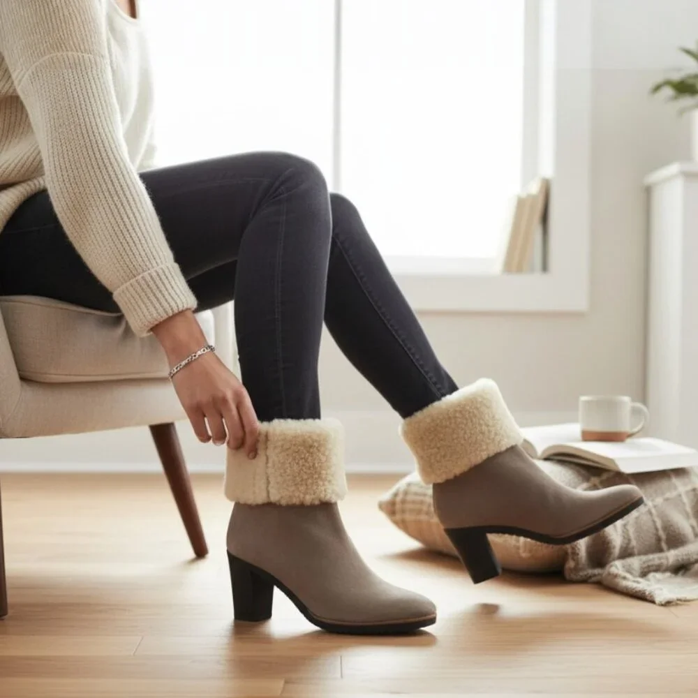 Maison Martin Margiela Taupe Suede Shearling Slip-On Heeled Ankle Boots Size 6